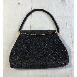Vintage Black Hand Beaded Baguette Handbag with Brass Trim,1950s